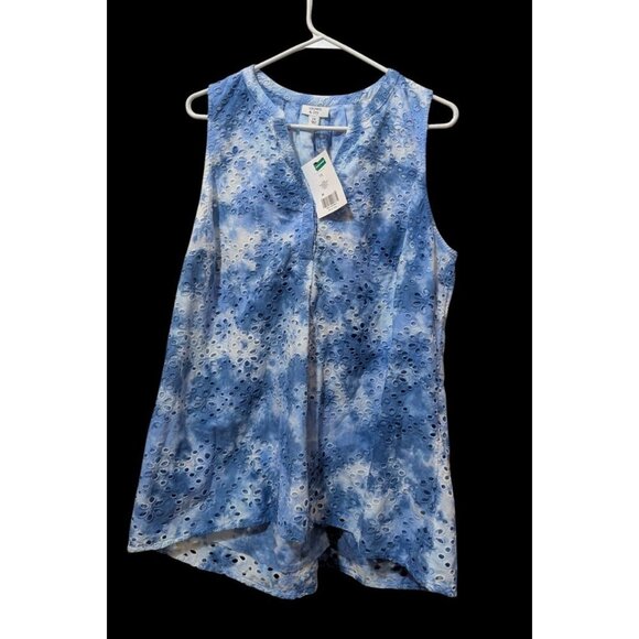 Crown & Ivy Blue & White Tie-Dye Sleeveless Top 1X  With Eyelet Design 100% Cott - Picture 1 of 10